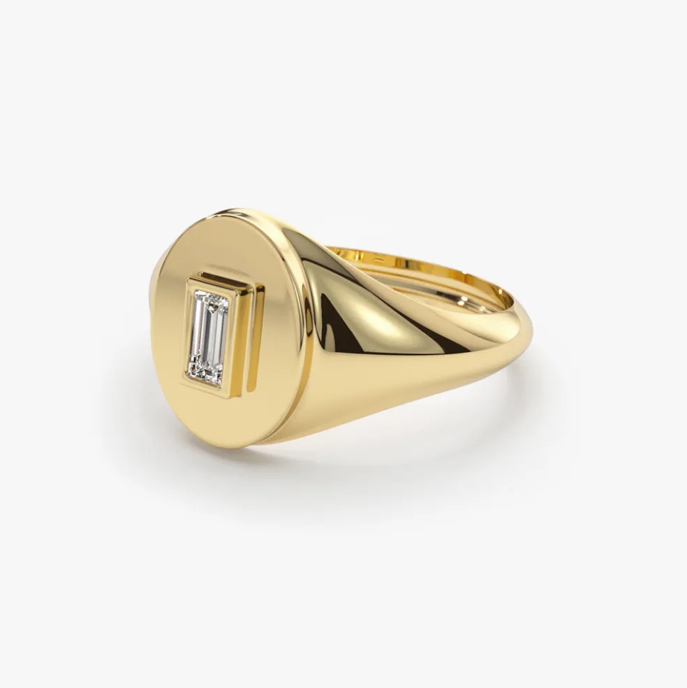 14K Gold Baguette Diamond Signet Ring