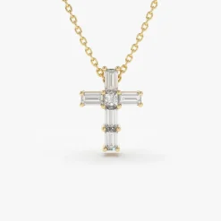 14K Gold Baguette Diamond Tiny Cross Necklace