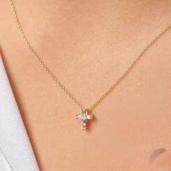 14K Gold Baguette Diamond Tiny Cross Necklace