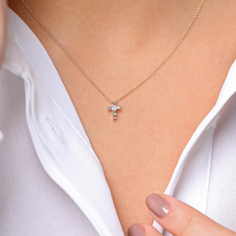 14K Gold Baguette Diamond Tiny Cross Necklace
