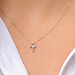 14K Gold Baguette Diamond Tiny Cross Necklace