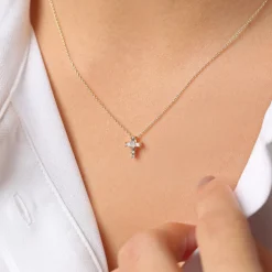 14K Gold Baguette Diamond Tiny Cross Necklace