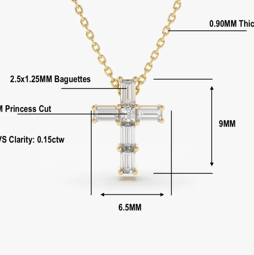 14K Gold Baguette Diamond Tiny Cross Necklace