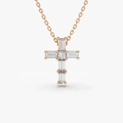 14K Gold Baguette Diamond Tiny Cross Necklace