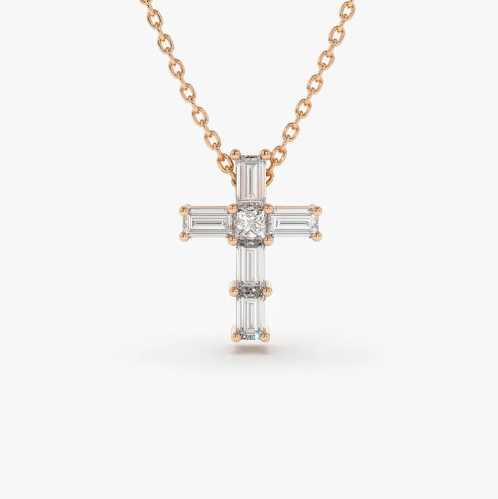 14K Gold Baguette Diamond Tiny Cross Necklace