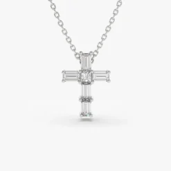 14K Gold Baguette Diamond Tiny Cross Necklace