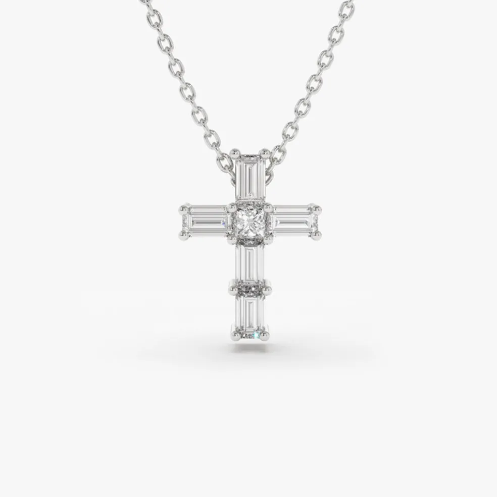 14K Gold Baguette Diamond Tiny Cross Necklace