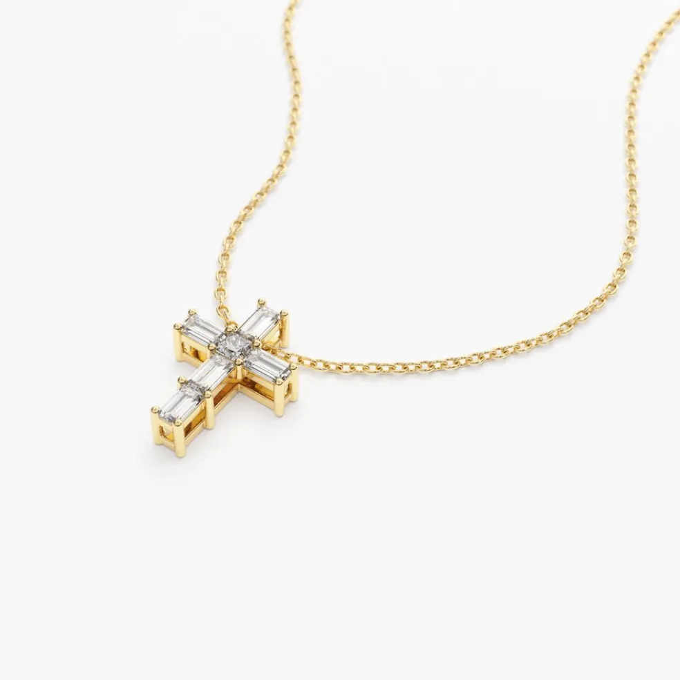 14K Gold Baguette Diamond Tiny Cross Necklace