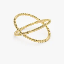 14K Gold Beaded Band Criss Cross Statement Ring