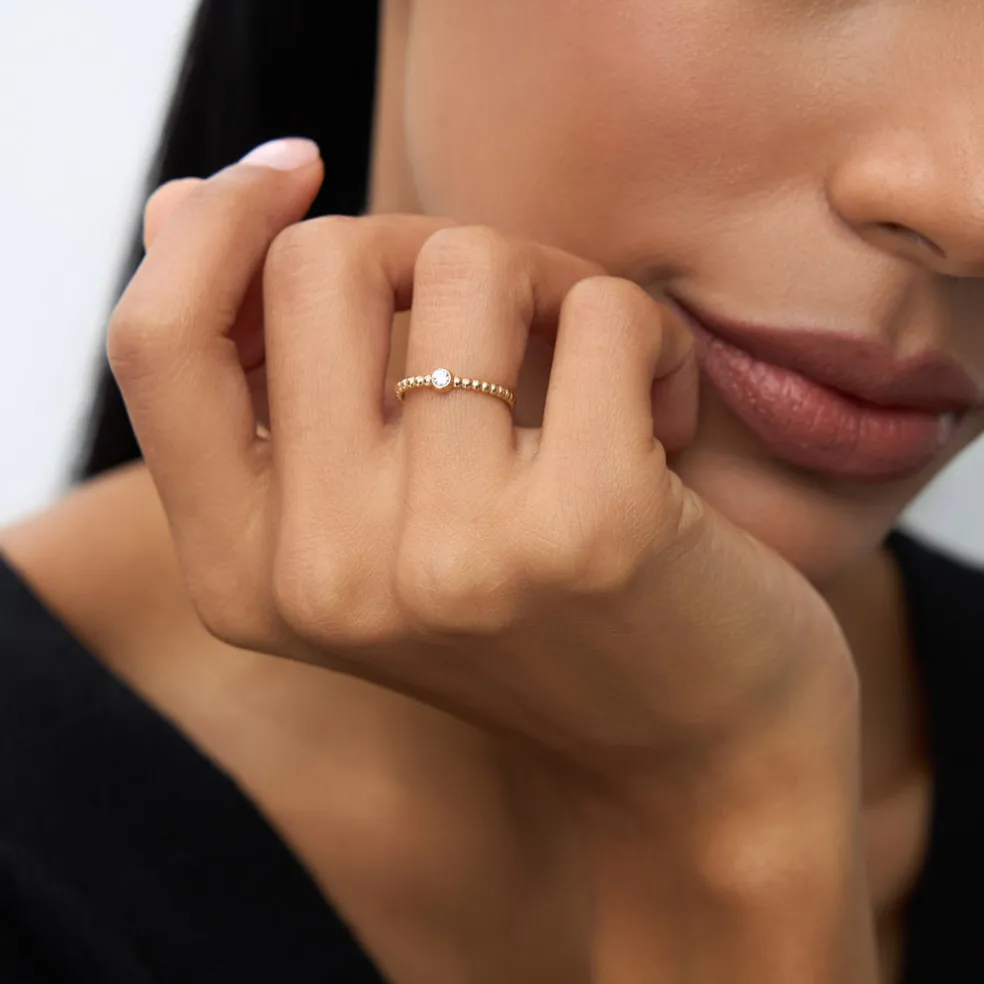 14K Gold Beaded Solitaire Diamond Bezel Ring