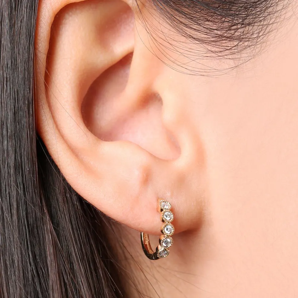 14K Gold Bezel Setting Diamond Huggie Earrings