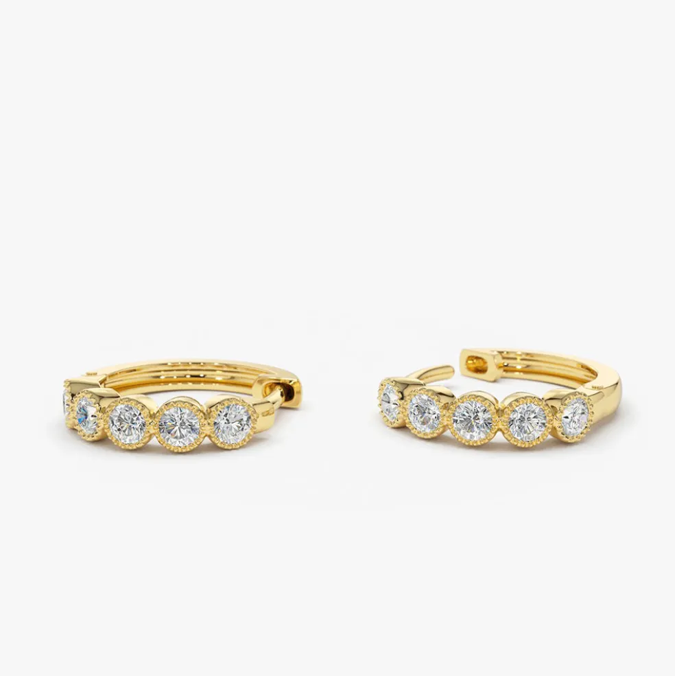 14K Gold Bezel Setting Diamond Huggie Earrings