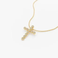 14K Gold Bezel Setting With Milgrain Diamond Cross Necklace
