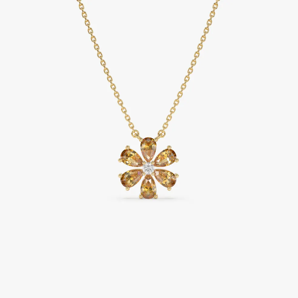 14K Gold Citrine Flower Necklace