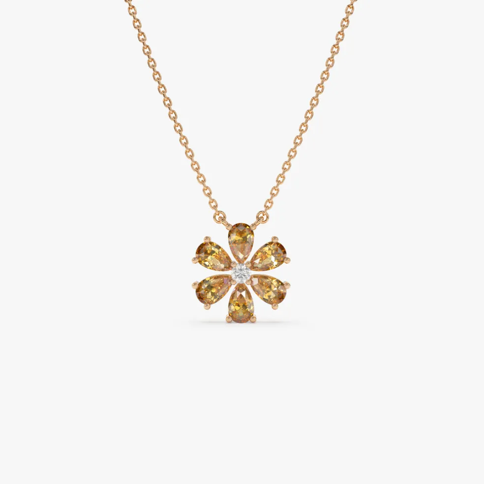 14K Gold Citrine Flower Necklace