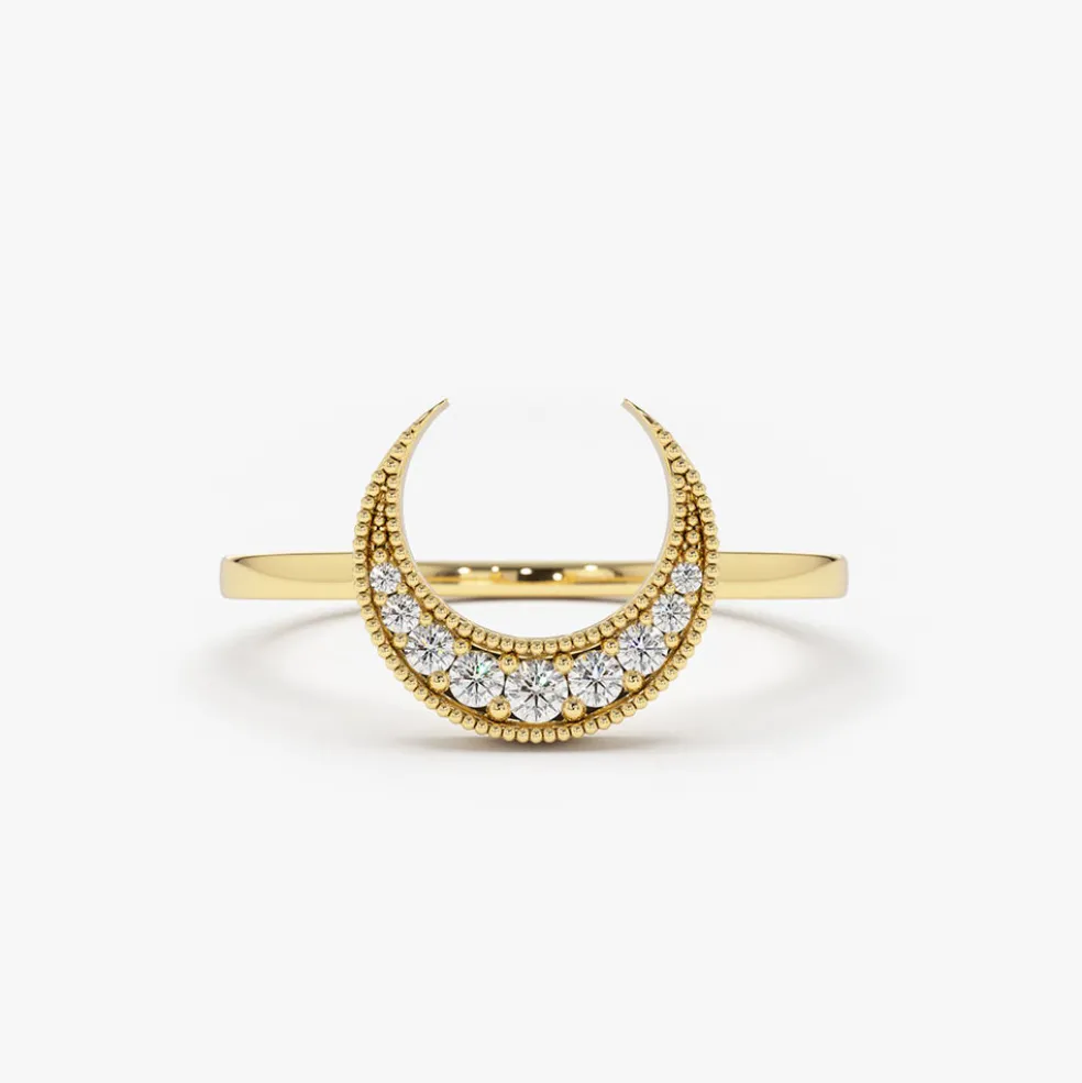 14K Gold Crescent Moon Diamond Ring