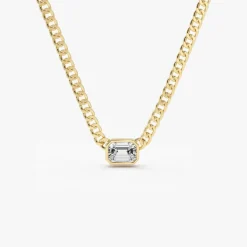 14k Gold Cuban Link Bezel Setting Emerald Cut Diamond Necklace