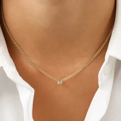 14k Gold Cuban Link Bezel Setting Emerald Cut Diamond Necklace