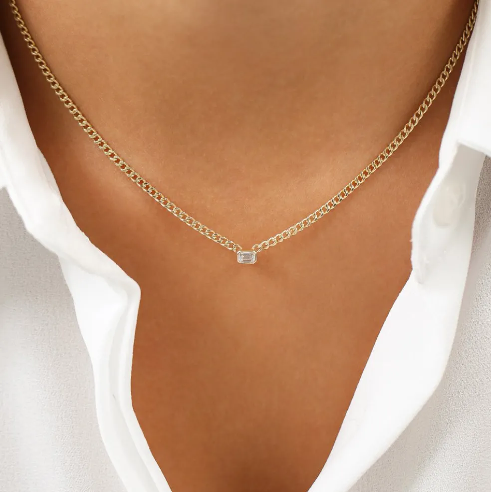 14k Gold Cuban Link Bezel Setting Emerald Cut Diamond Necklace