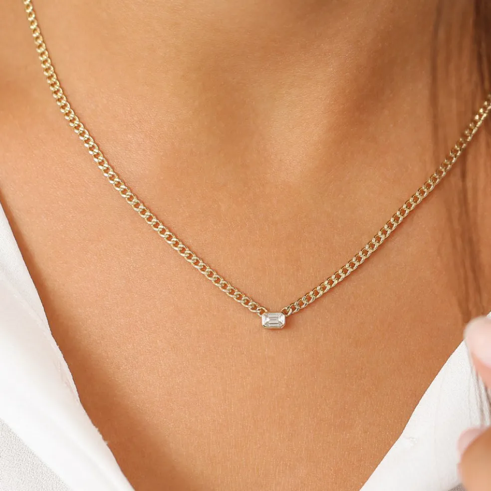 14k Gold Cuban Link Bezel Setting Emerald Cut Diamond Necklace