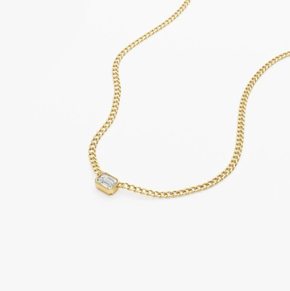 14k Gold Cuban Link Bezel Setting Emerald Cut Diamond Necklace