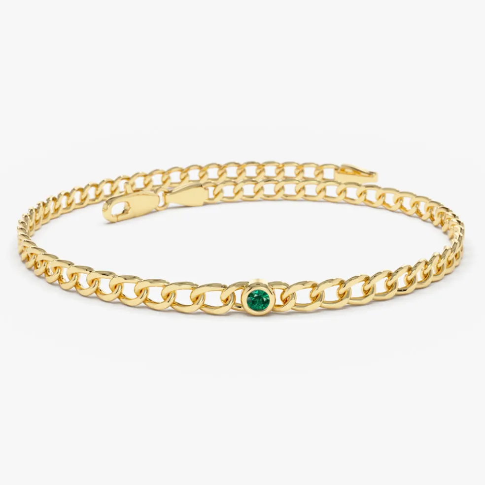 14k Gold Cuban Link Bracelet w/ Bezel Setting Emerald
