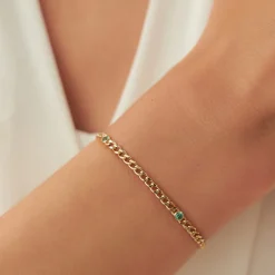 14k Gold Cuban Link Bracelet w/ Bezel Setting Emerald