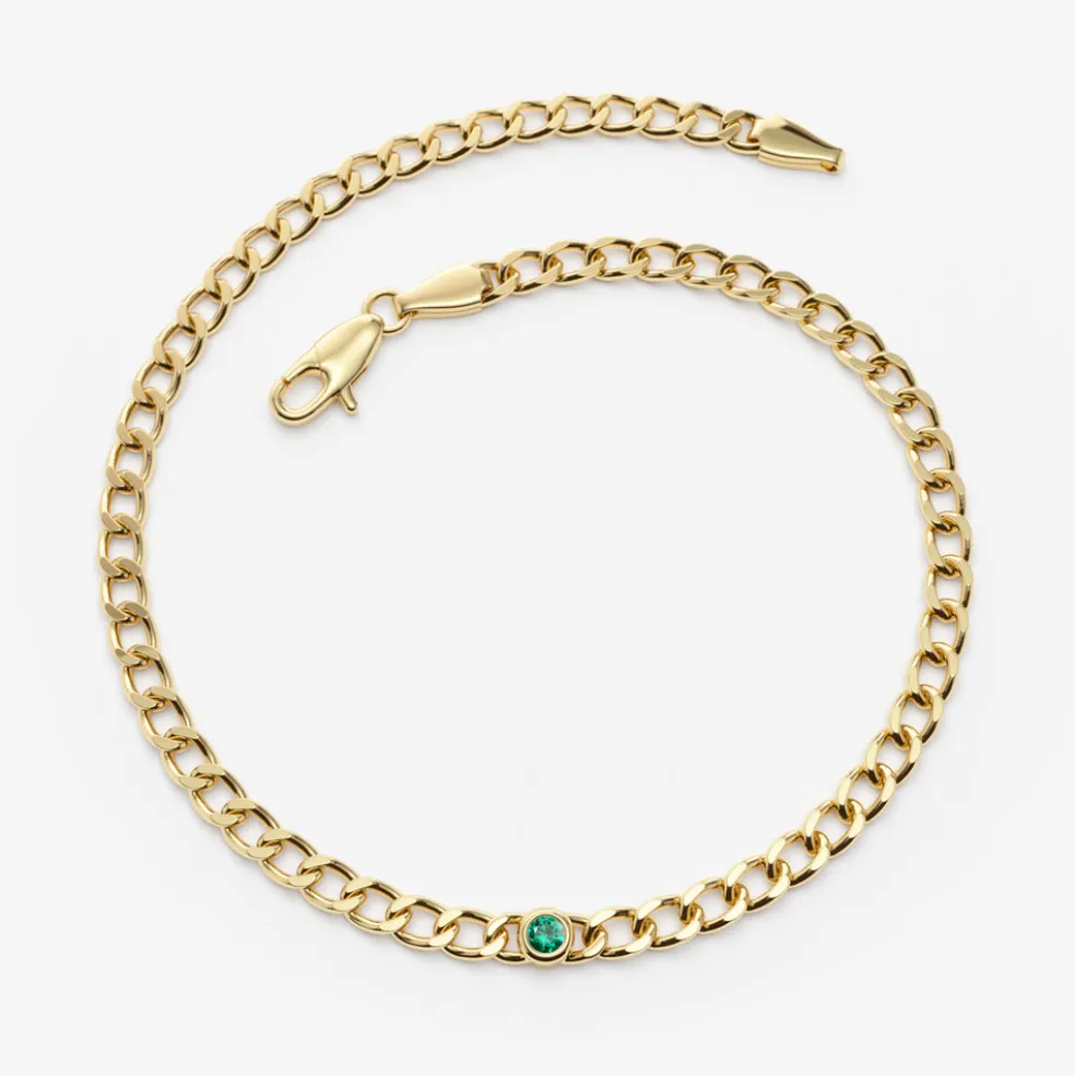 14k Gold Cuban Link Bracelet w/ Bezel Setting Emerald