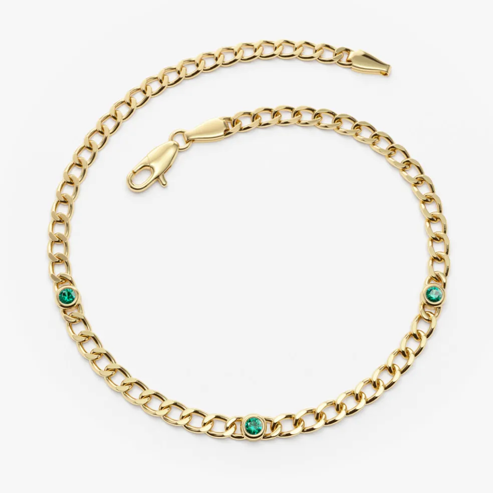 14k Gold Cuban Link Bracelet w/ Bezel Setting Emerald