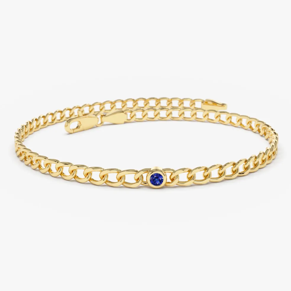 14k Gold Cuban Link Bracelet w/ Bezel Setting Sapphire
