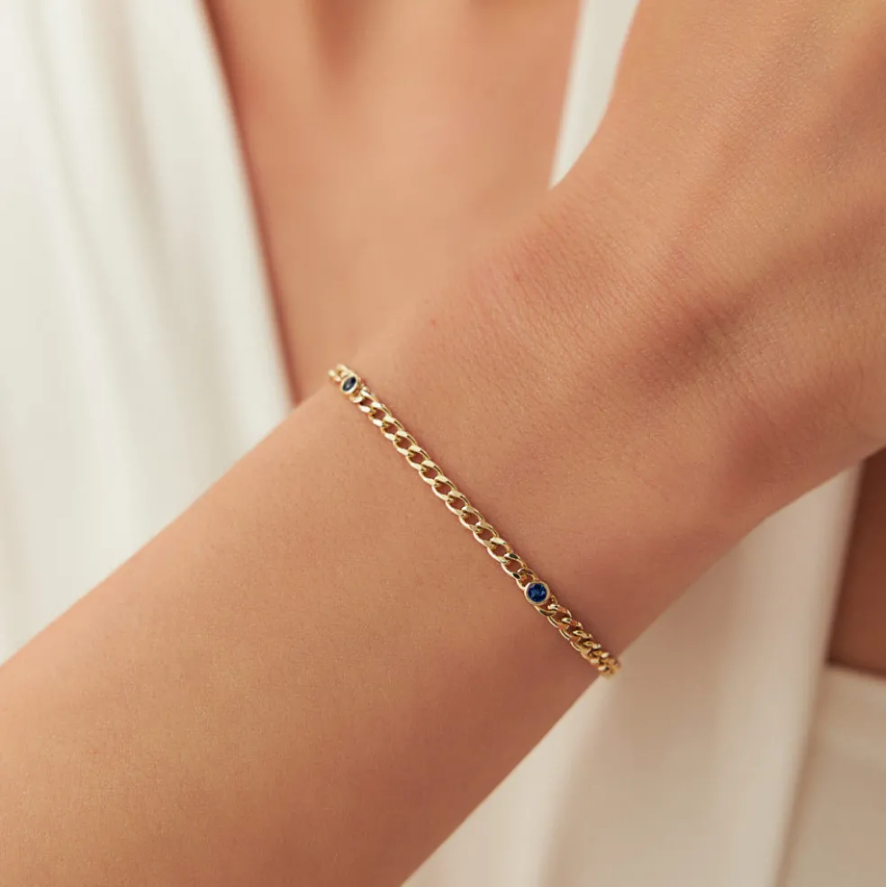 14k Gold Cuban Link Bracelet w/ Bezel Setting Sapphire