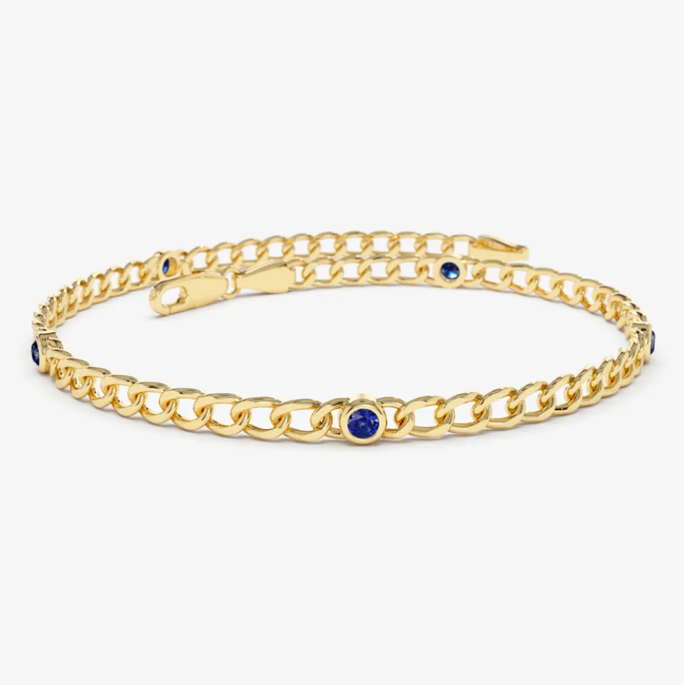 14k Gold Cuban Link Bracelet w/ Bezel Setting Sapphire