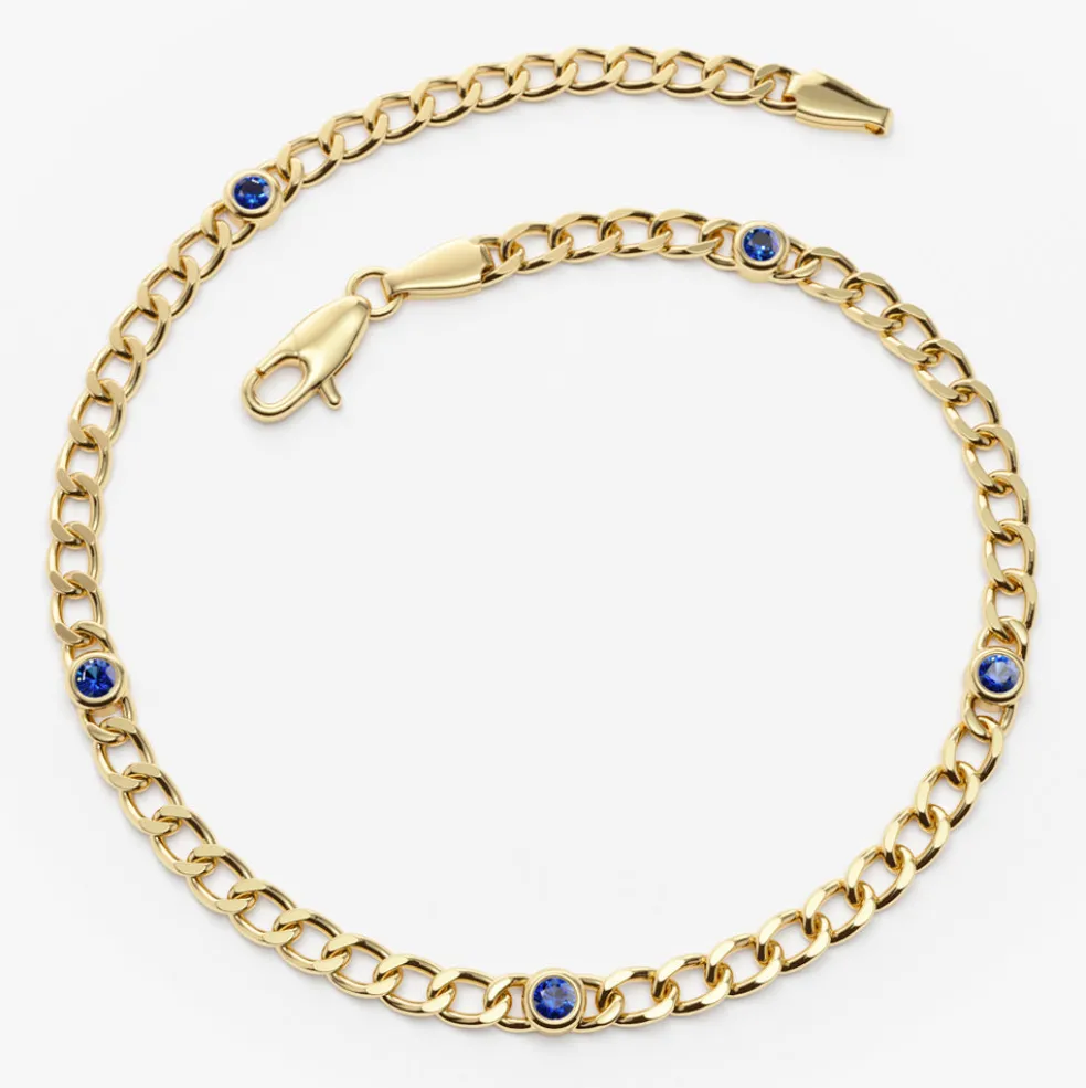 14k Gold Cuban Link Bracelet w/ Bezel Setting Sapphire