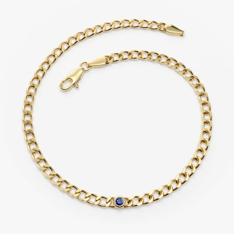 14k Gold Cuban Link Bracelet w/ Bezel Setting Sapphire