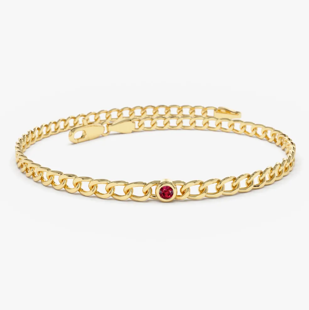 14k Gold Cuban Link Bracelet w/ Bezel Setting Ruby