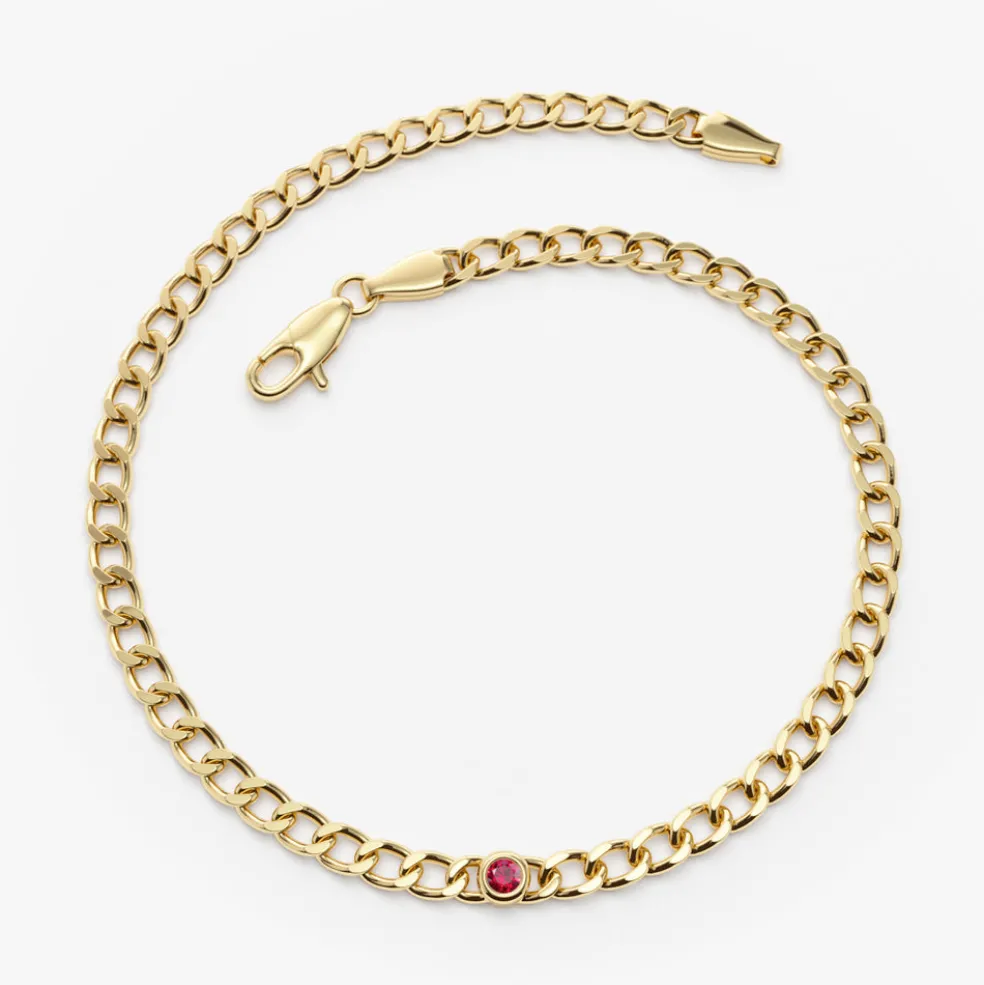 14k Gold Cuban Link Bracelet w/ Bezel Setting Ruby