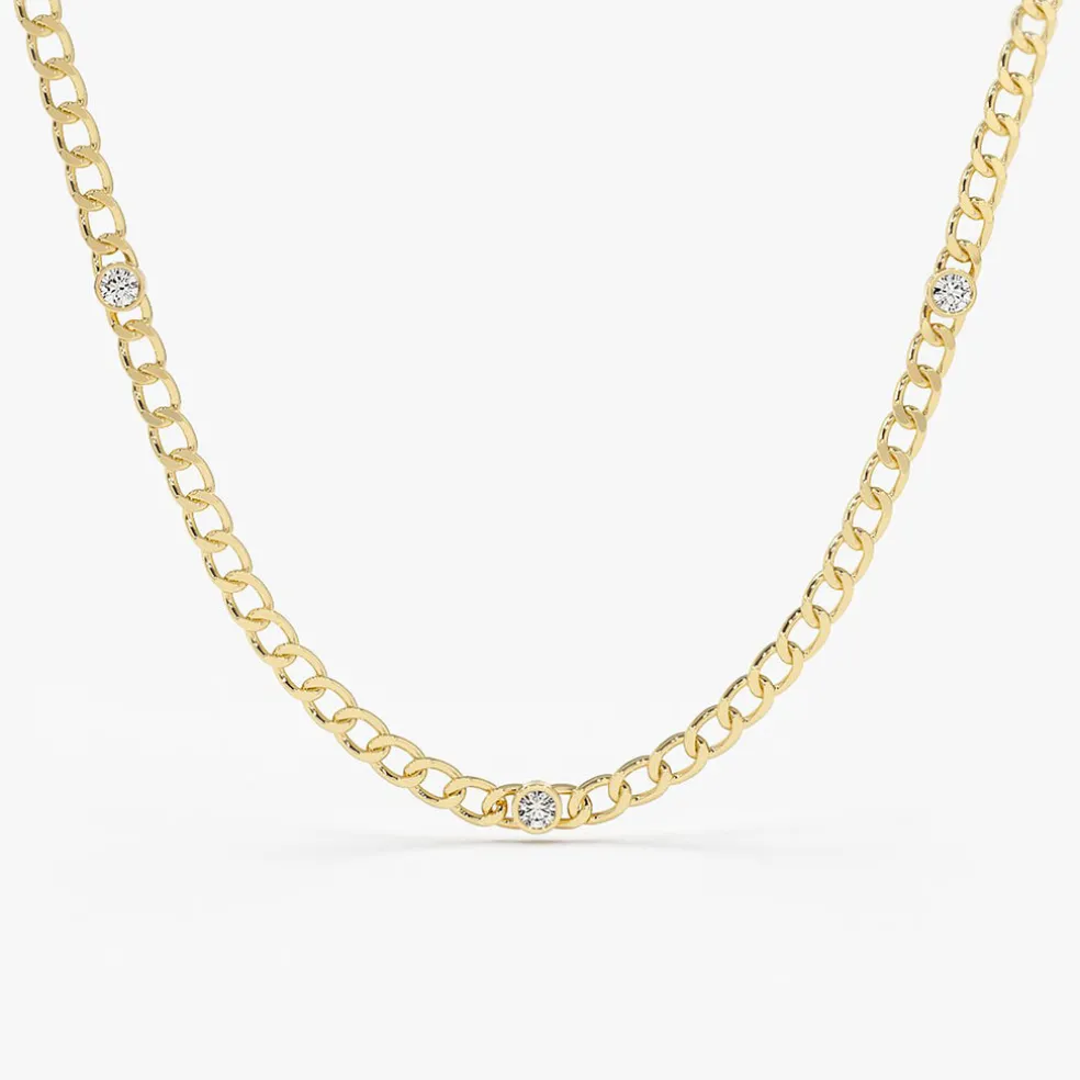 14K Gold Cuban Link Necklace w/ Bezel Setting Diamond