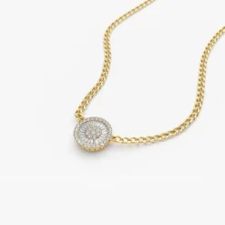 14k Gold Curb Link Baguette Diamond Disc Cluster Necklace