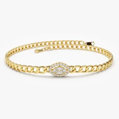 14k Gold Curb Link Marquise Diamond Illusion Setting Bracelet