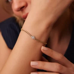 14k Gold Curb Link Marquise Diamond Illusion Setting Bracelet