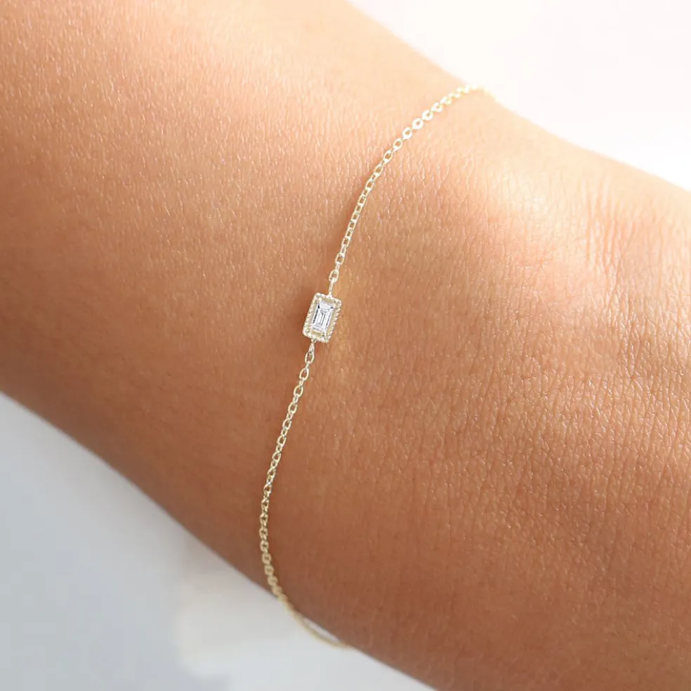 14K Gold Dainty Baguette Diamond Bracelet