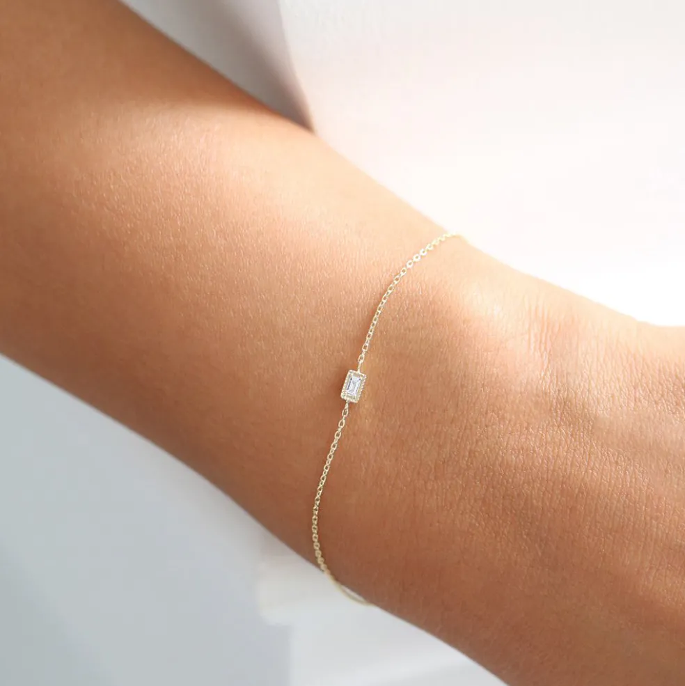 14K Gold Dainty Baguette Diamond Bracelet