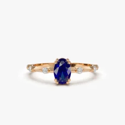 14k Gold Dainty Diamond Genuine Sapphire Ring