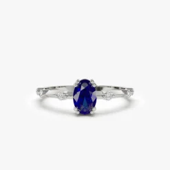 14k Gold Dainty Diamond Genuine Sapphire Ring