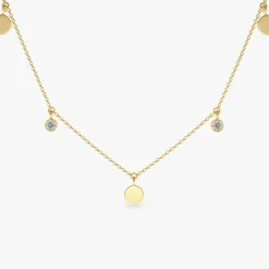 14K Gold Dangling Diamond Disc Necklace