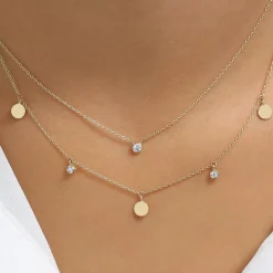 14K Gold Dangling Diamond Disc Necklace