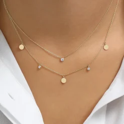 14K Gold Dangling Diamond Disc Necklace