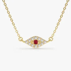 14K Gold Diamond and Ruby Evil Eye Necklace