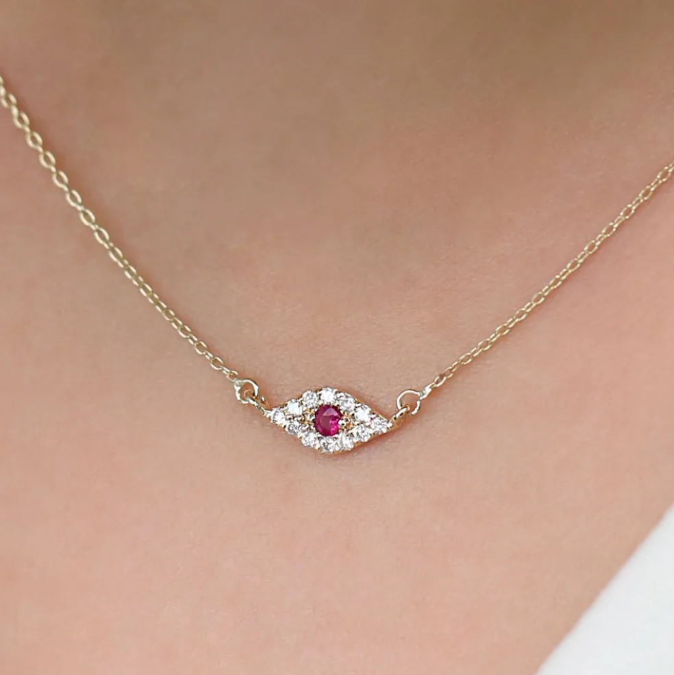 14K Gold Diamond and Ruby Evil Eye Necklace