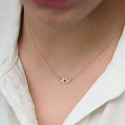 14K Gold Diamond and Ruby Evil Eye Necklace
